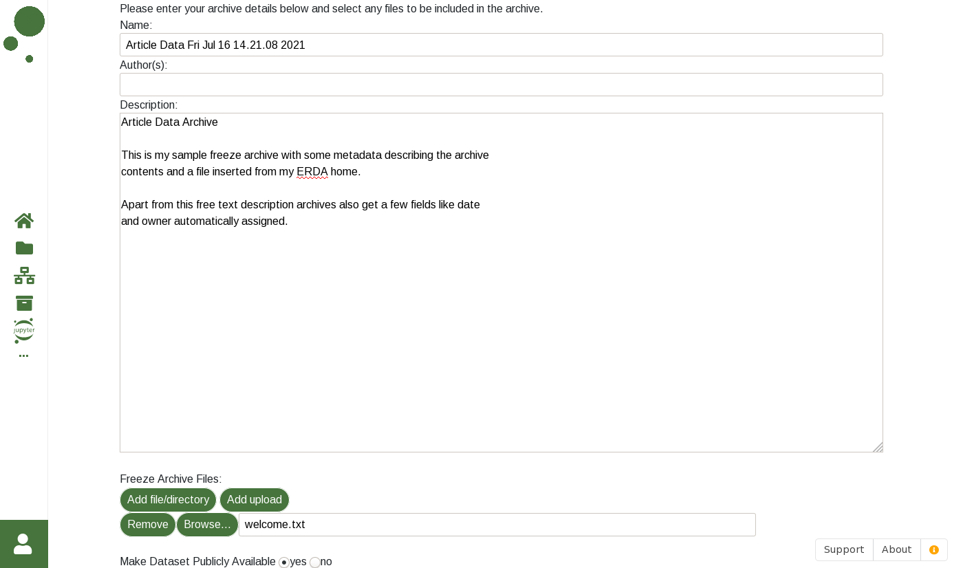 Creating a new archive screenshot