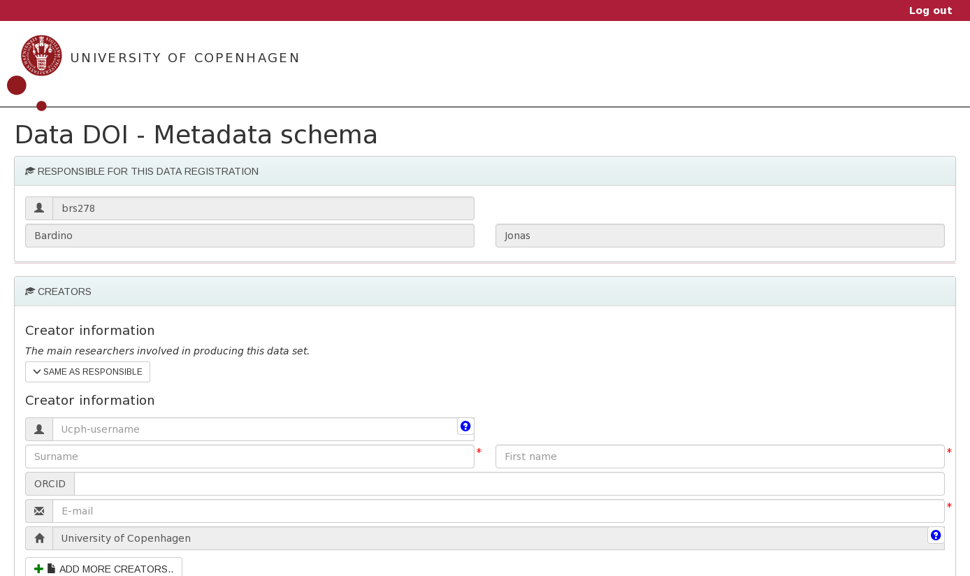 Screenshot of Digital Object Identifier registration form