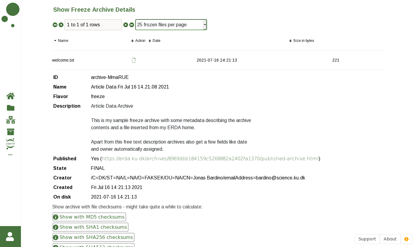 Screenshot of the page View details, which shows the finalized archive